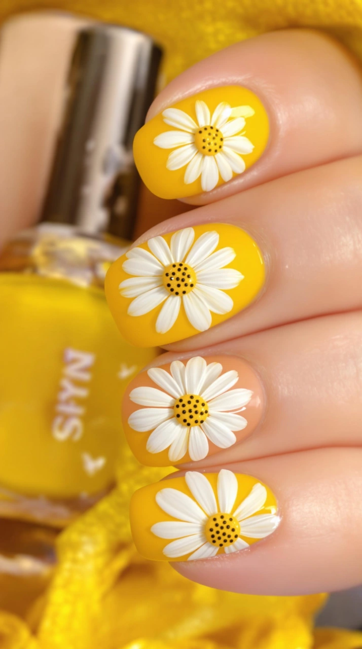 Vibrant Blooms on Sunshine Yellow Nails