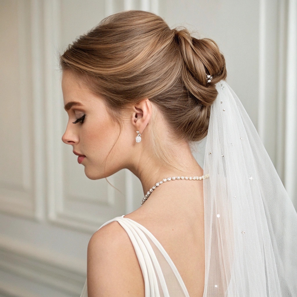 Low Chignon With a Sheer Veil