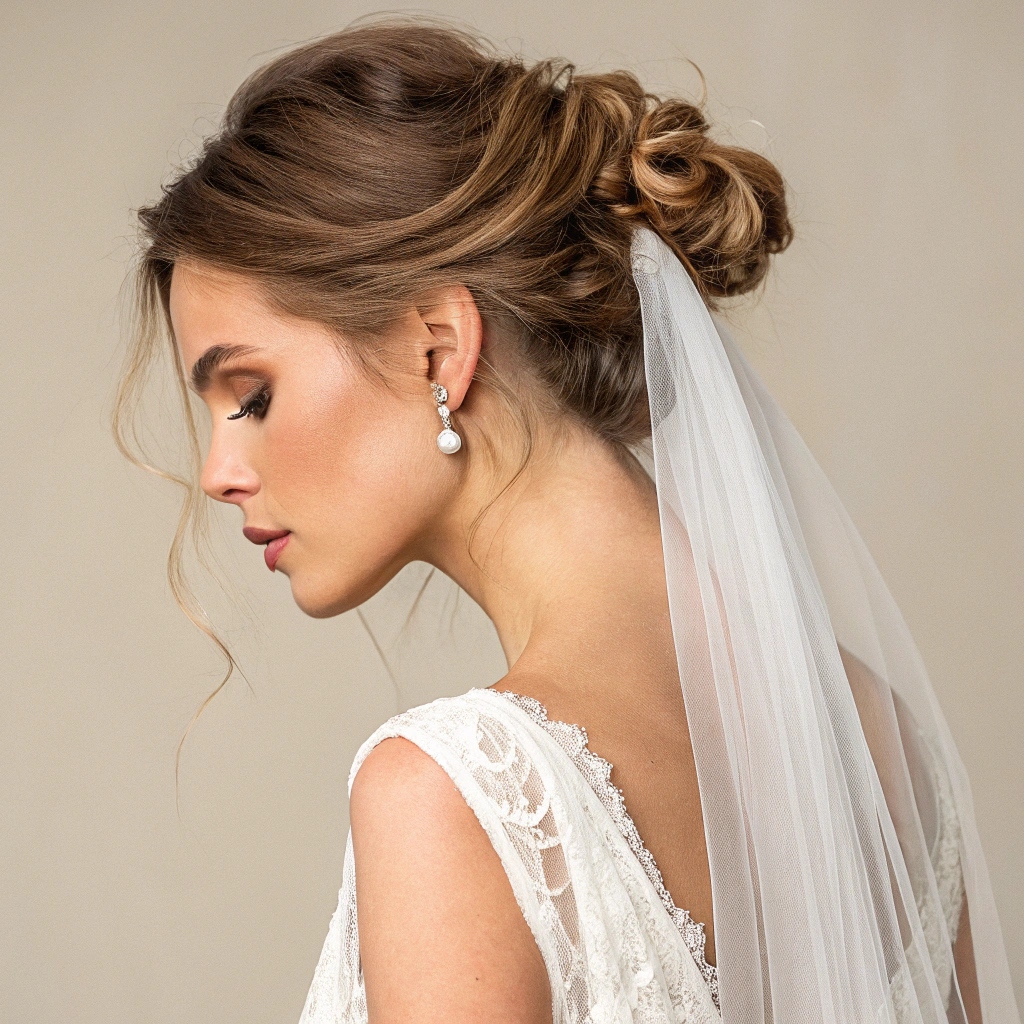 Messy Low Bun With a Chapel Veil