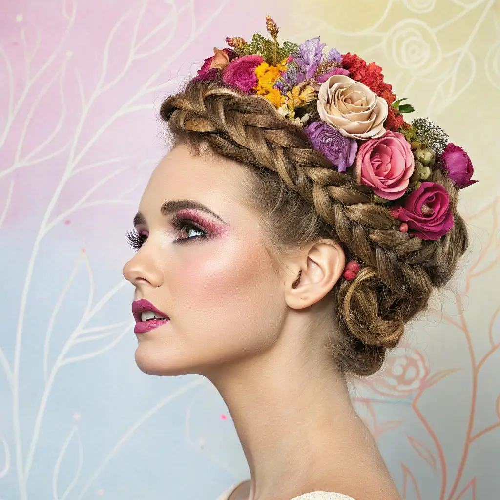 Braided Crown & Blooming Florals A Timeless Style for Oval Faces