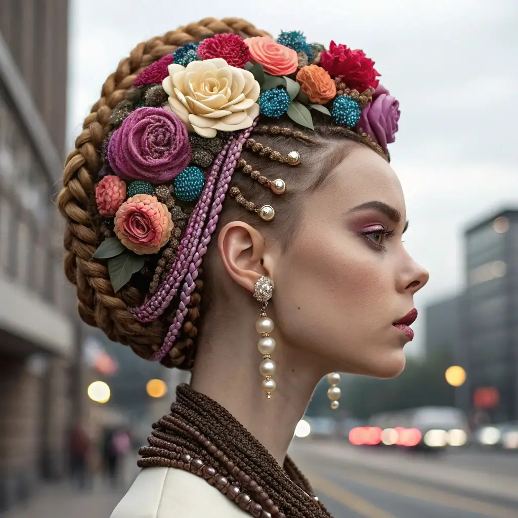 Regal Braids & Floral Elegance A Showstopping Look for Oval Faces