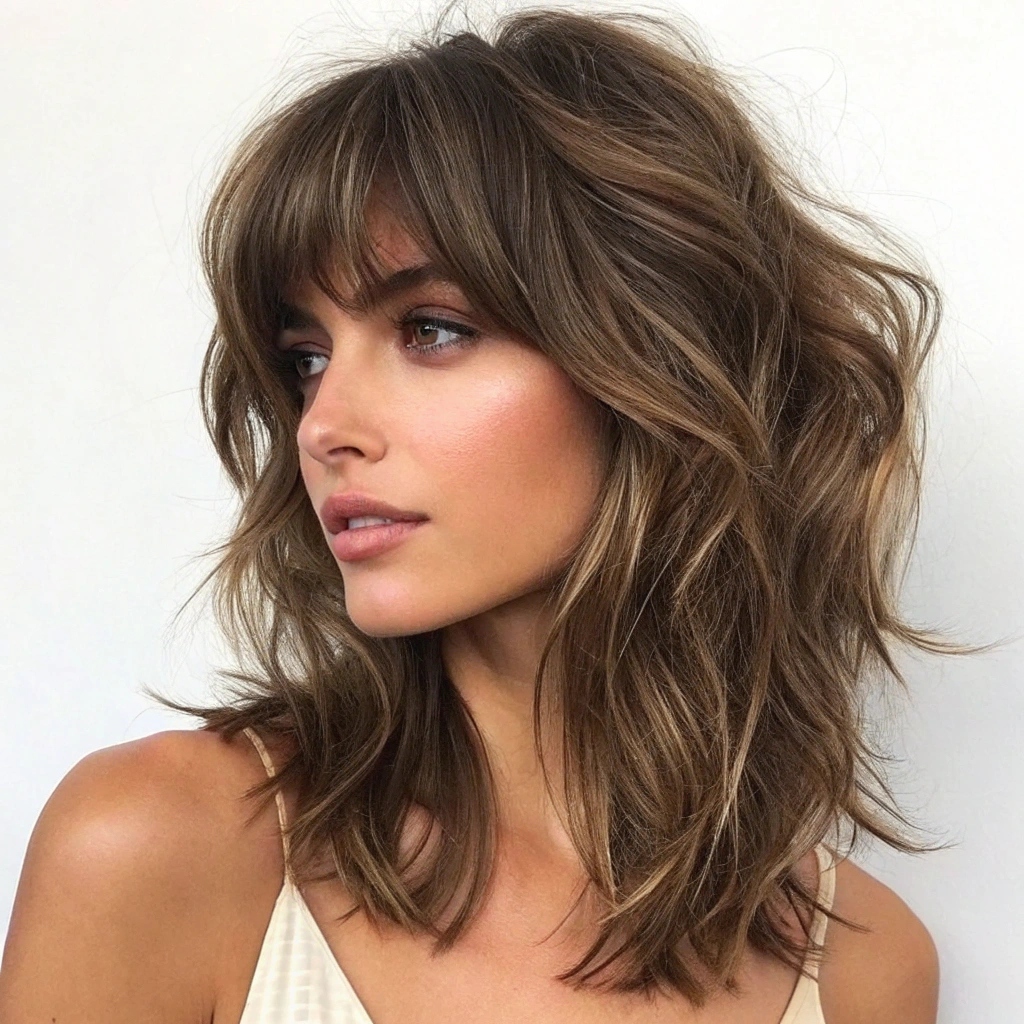 Voluminous Bangs with a Layered Shoulder Cut