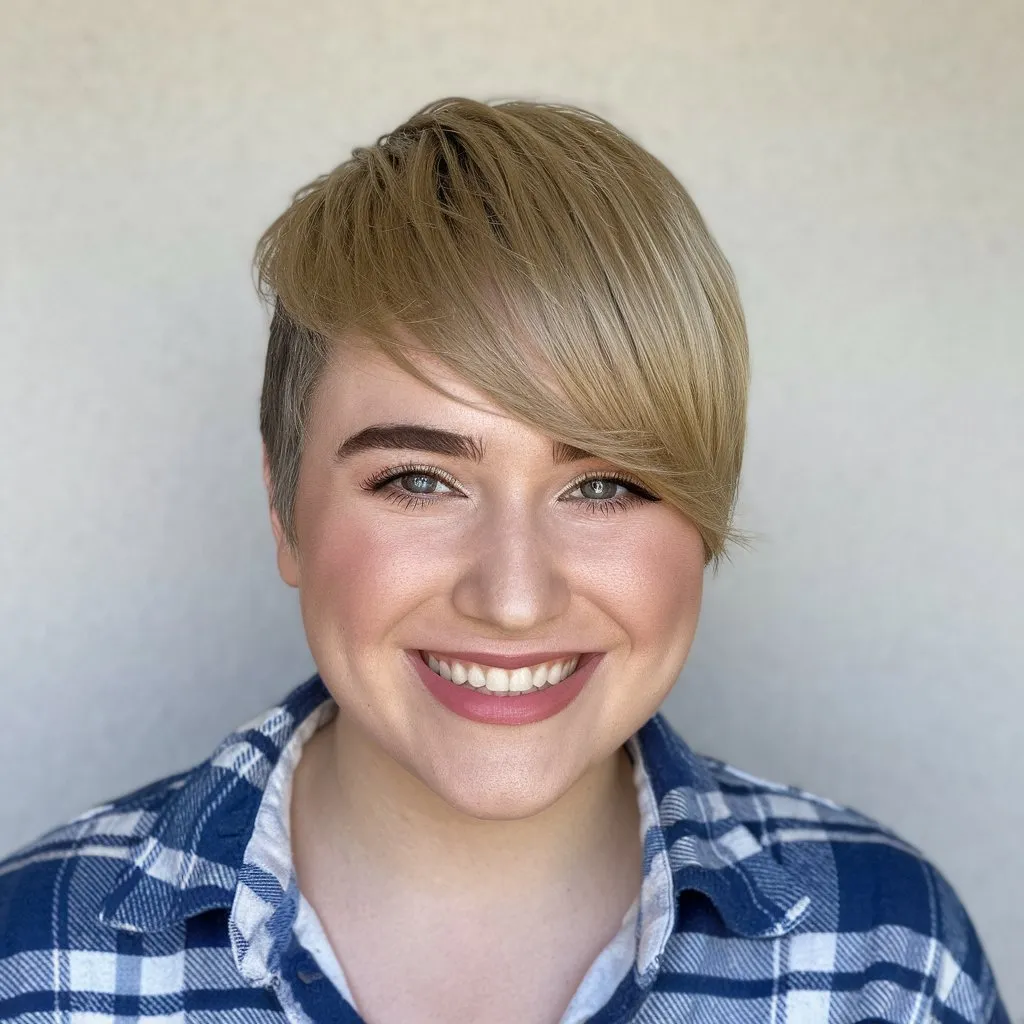 Short, Stylish Pixie with Side Sweep: A Bold Cut for Chubby Faces