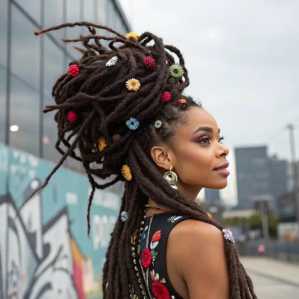 Beaded Locs with Floral Accents A Whimsical Edge in Street Art Hair