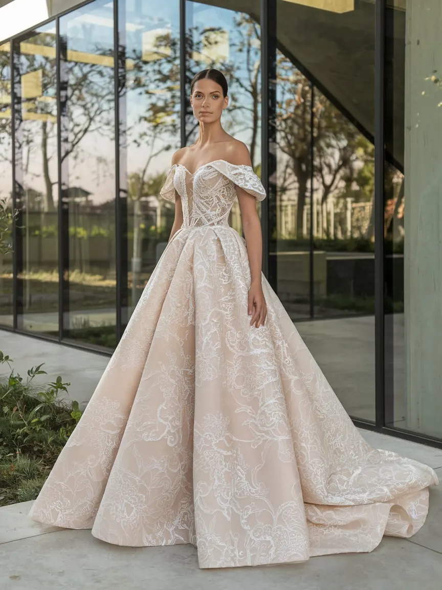 Blush Embroidered Fantasy Off-Shoulder Statement Ballgown