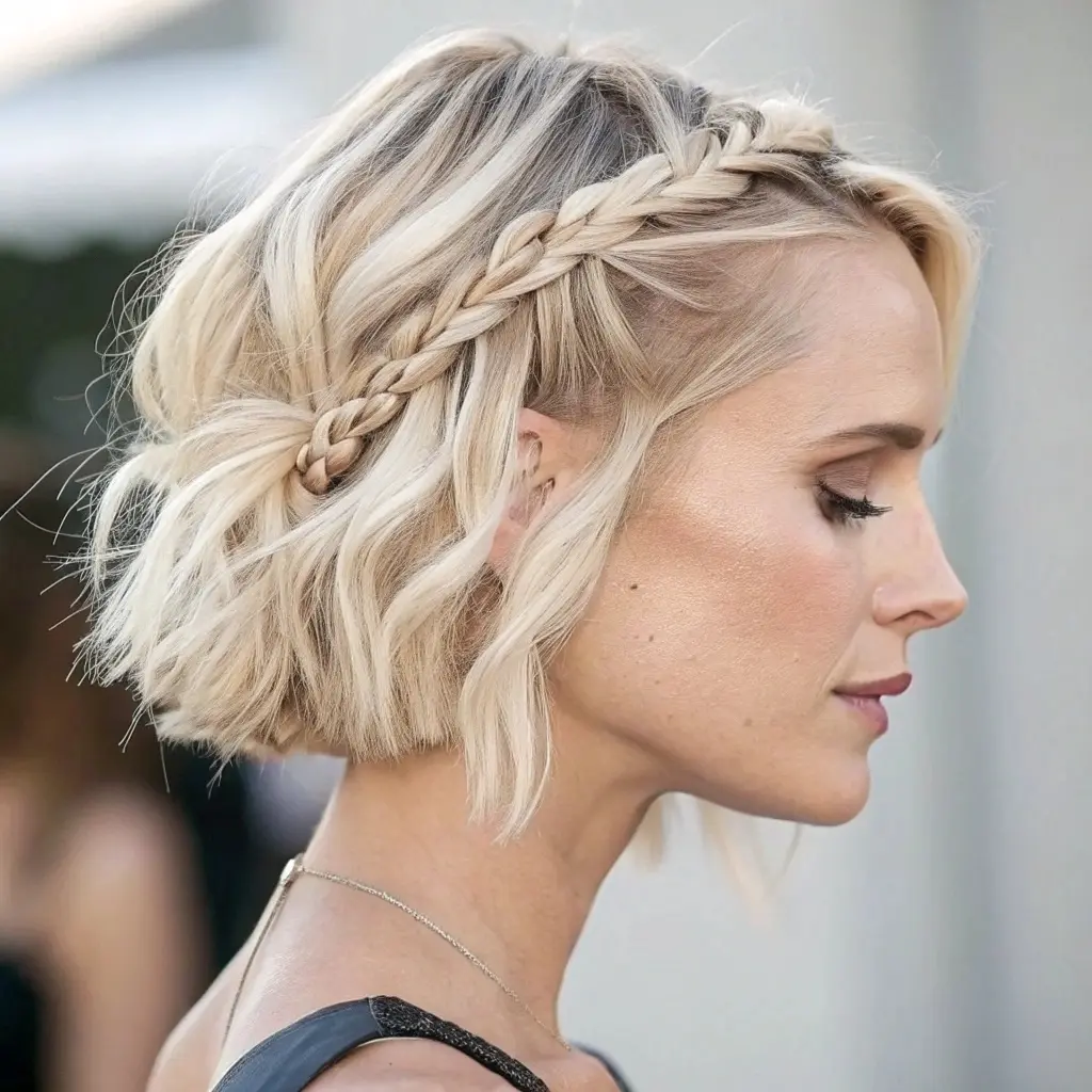 Bohemian Blonde Bob – Effortless Waves with a Braided Twist