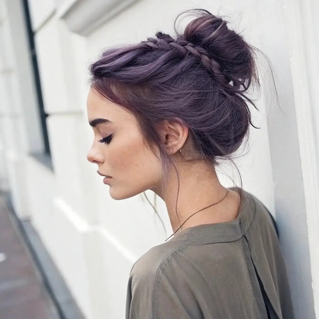 Braided Top Knot & Lavender Hues E-Girl Hairstyles for a Boho, Trendy Vibe