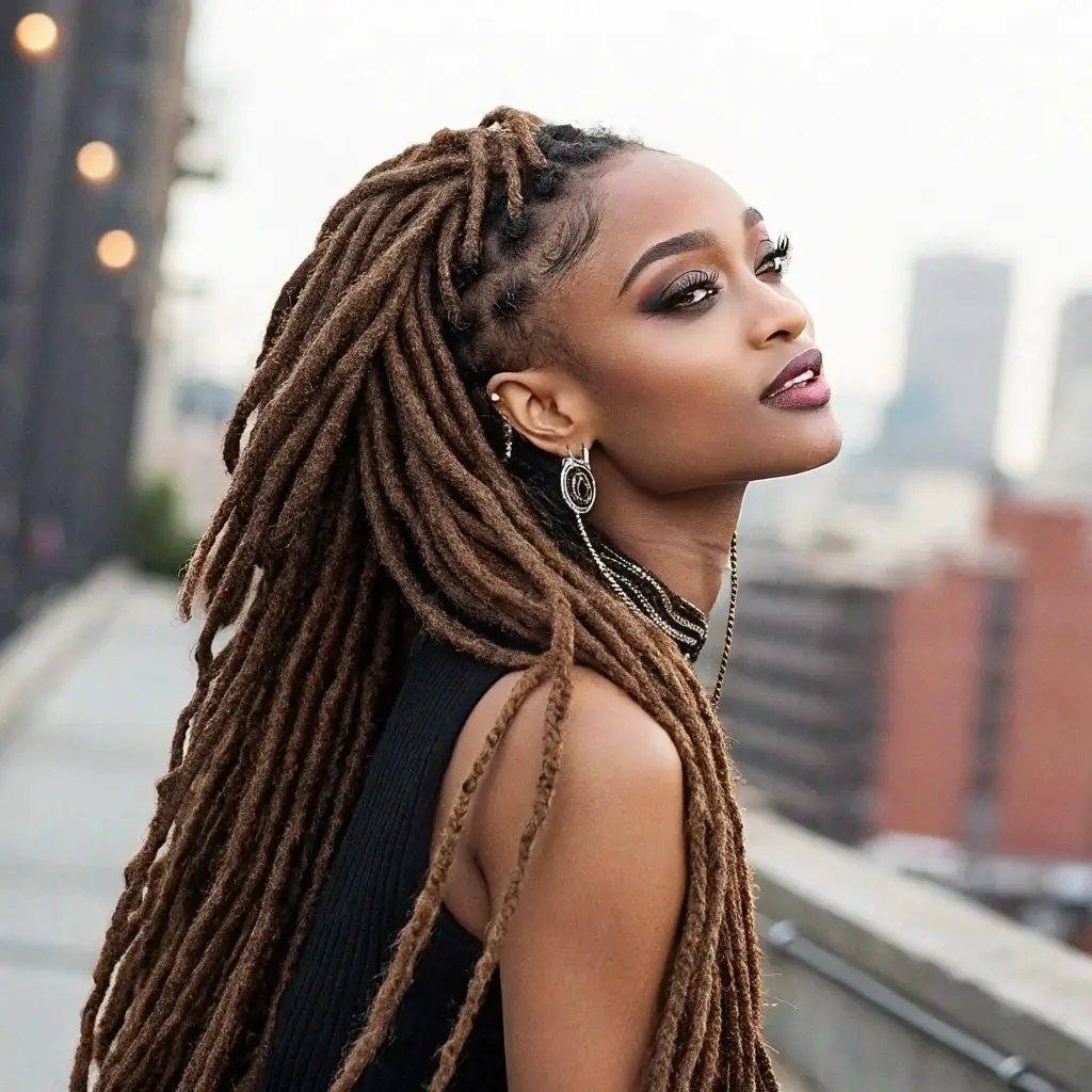 Flowing Locs with Braided Accents: A Timeless Edge in Cityscape Hair Art