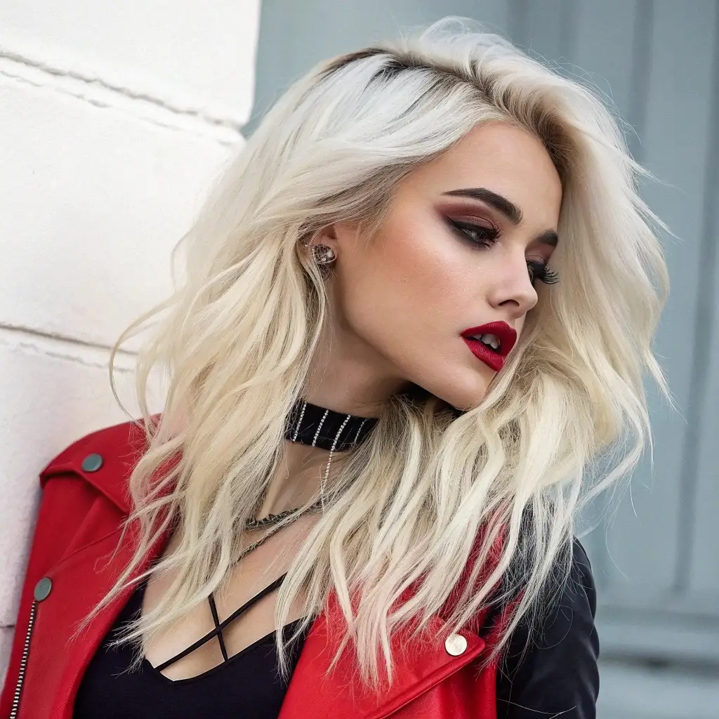Platinum Blonde Waves & Bold Red Lips: "E-Girl" Hairstyles for a Fierce, Trendy Look