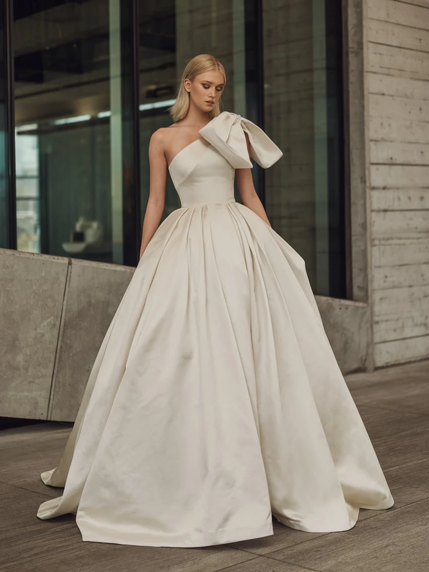 Sculptural Asymmetry One-Shoulder Bow Ballgown