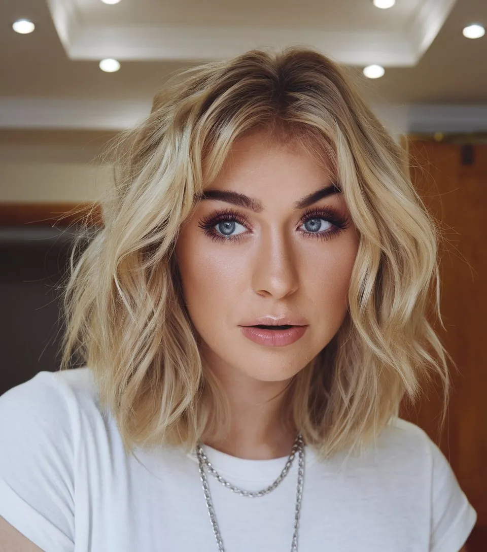 Textured Blonde Lob Strategic Framing for Face-Forward Style