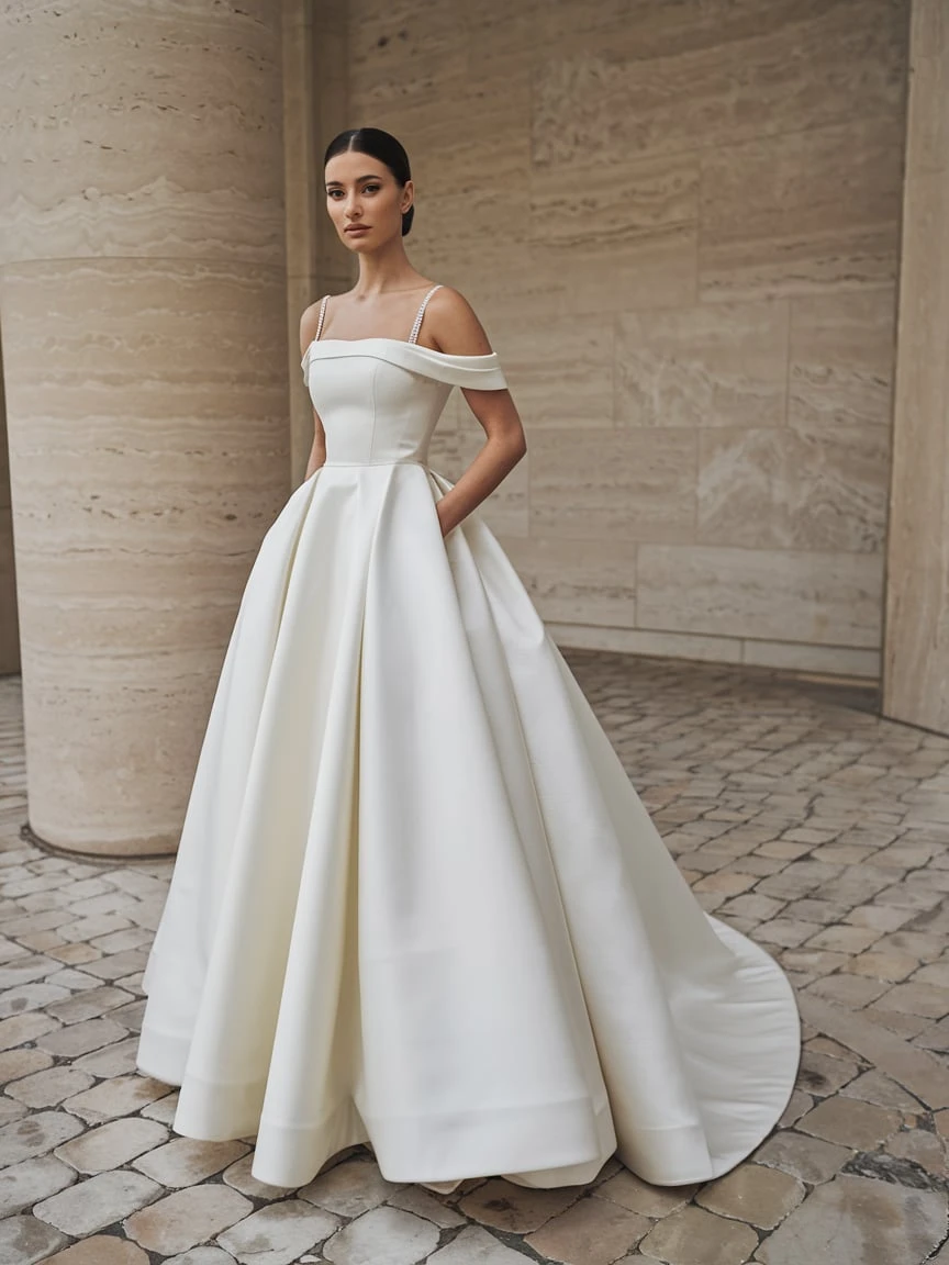Timeless Architecture Ivory Off-Shoulder Ballgown With Pearl Straps