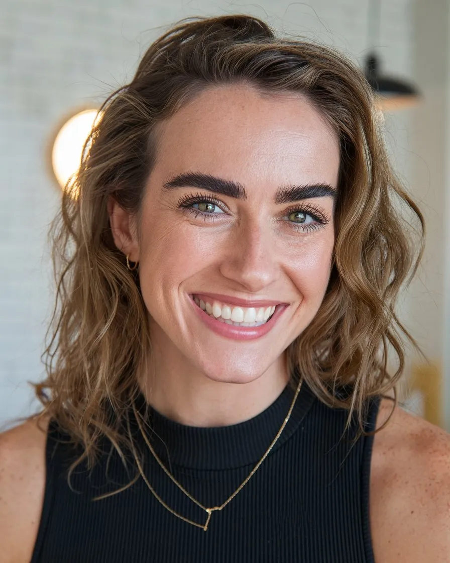 Volumized Wavy Lob: Balanced Framing for Wider Foreheads