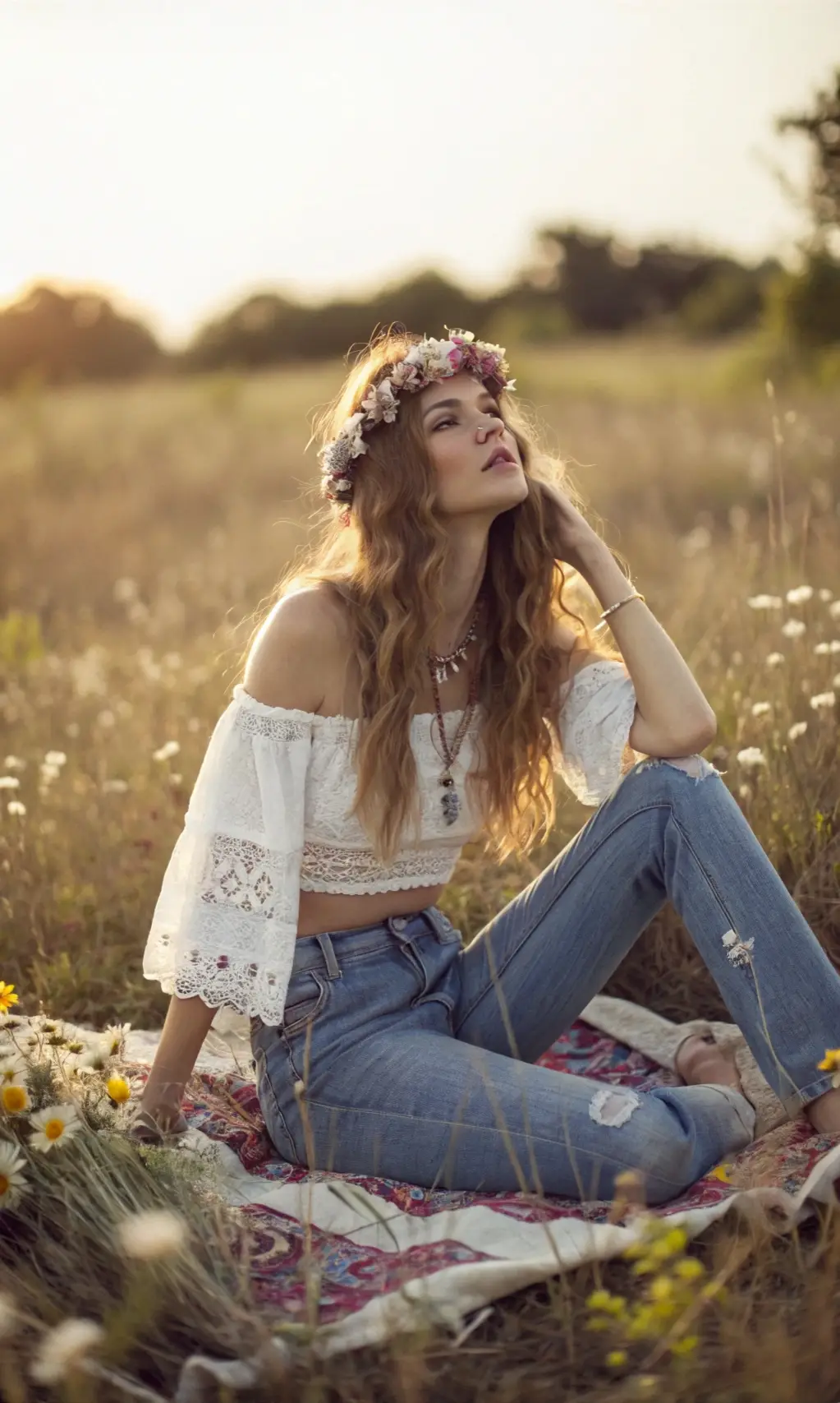 Bohemian Rhapsody: High-Waisted Jeans and Off-Shoulder Crop Top