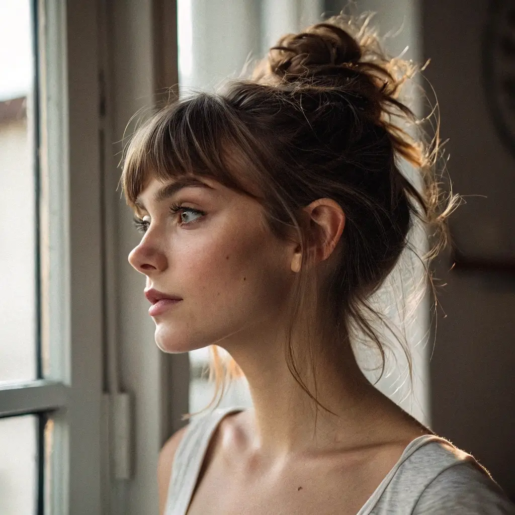 Messy Bun with Wispy Bangs