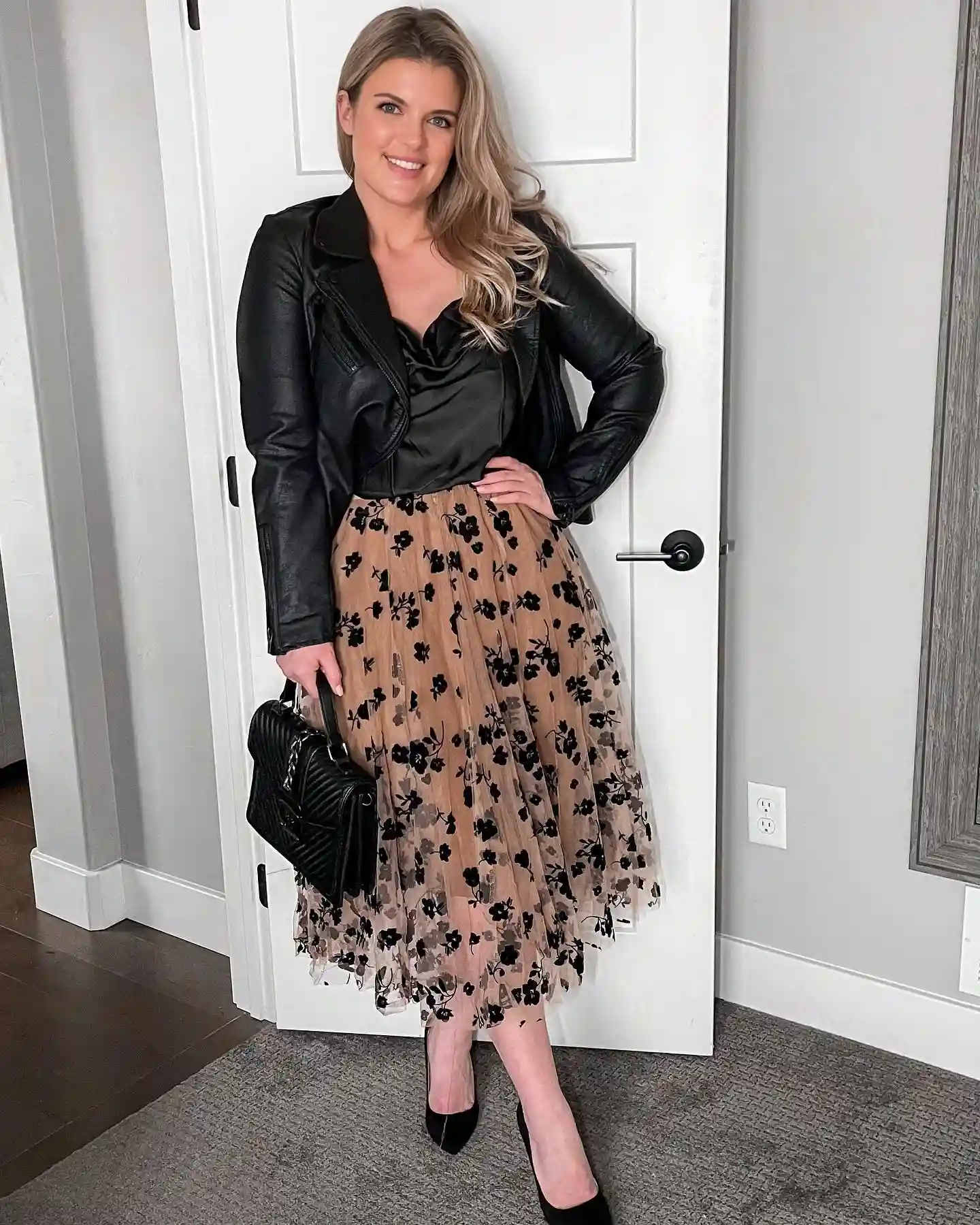 Leather Jacket With a Floral Midi Skirt