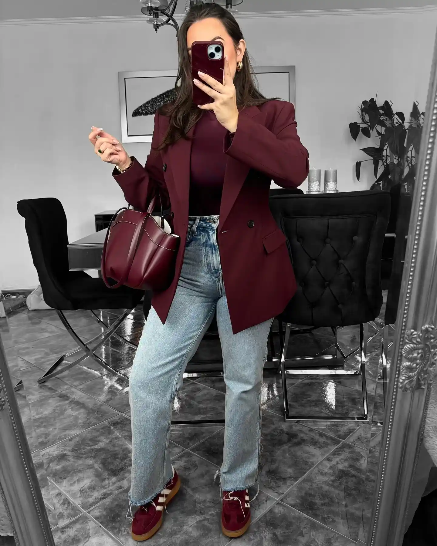 Pair a Burgundy Blazer With Light Wash Jeans