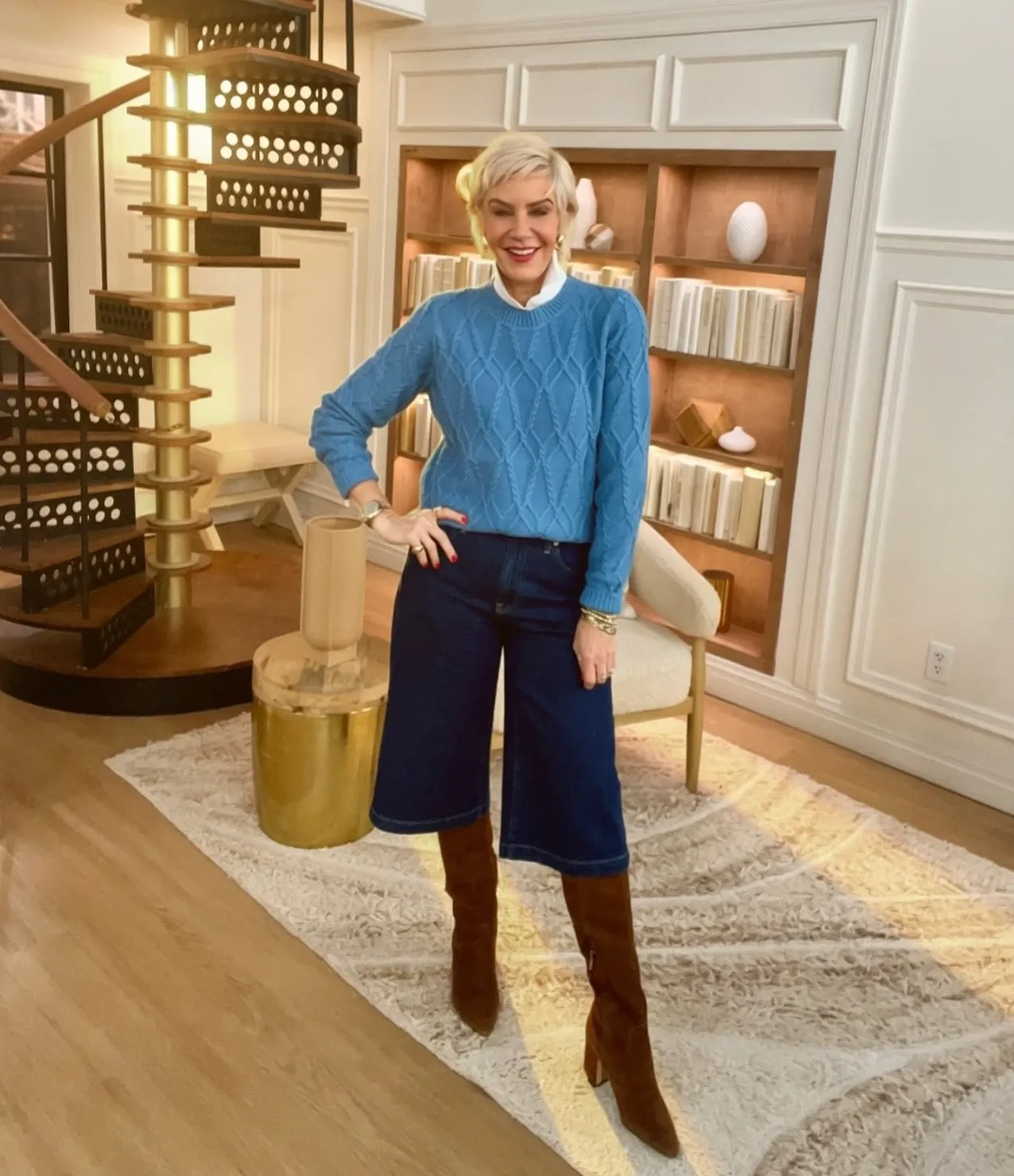 Blue Cable Knit With Cropped Wide Leg Jeans
