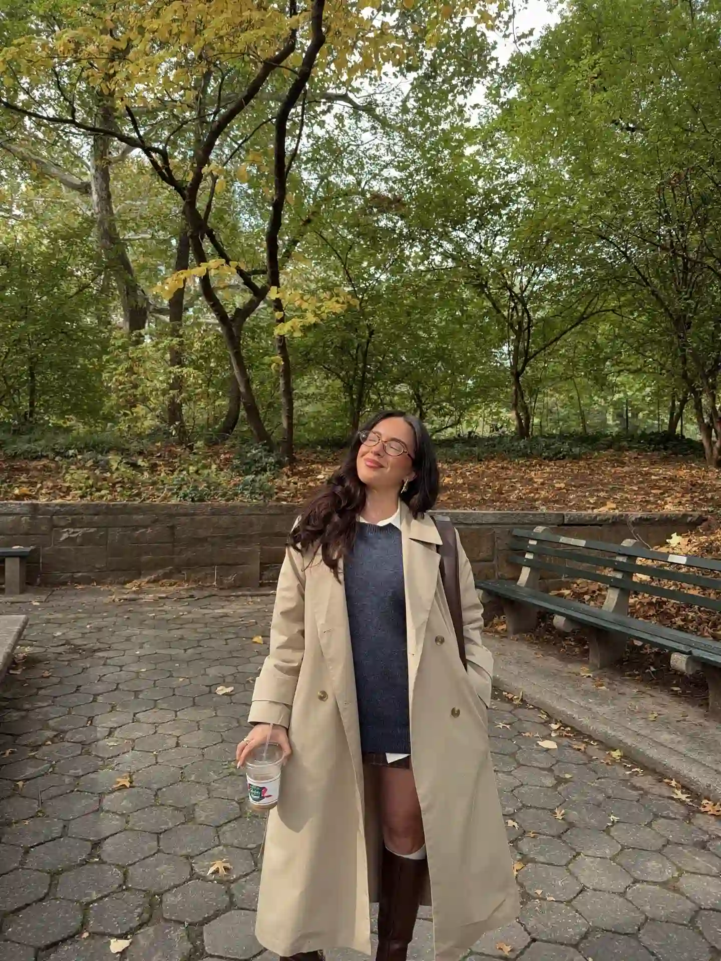 Trench Coat With Knit Sweater Creates a Cozy Park-Ready Fall Look