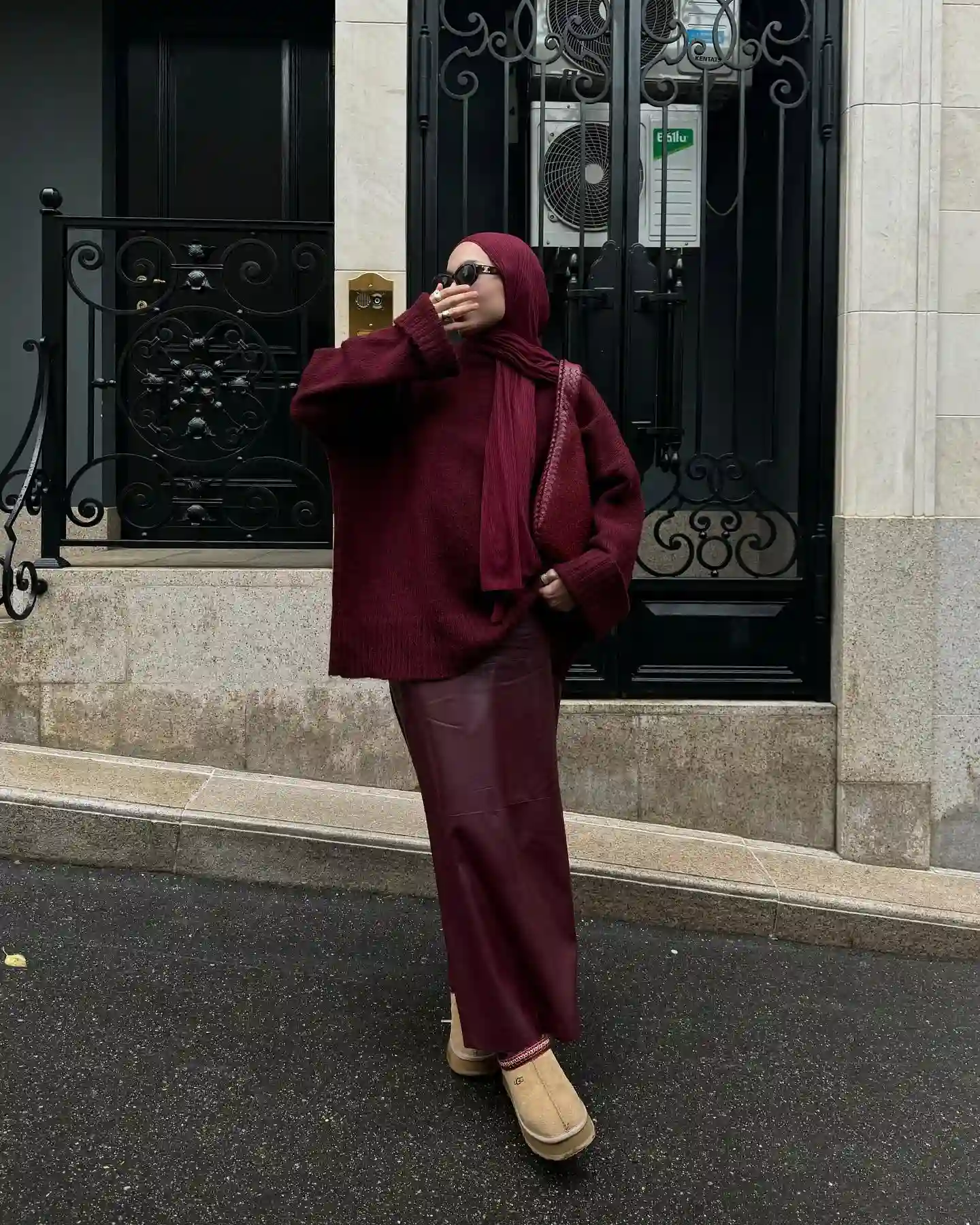 Try a Full Burgundy Look With a Cozy Knit and Midi Skirt