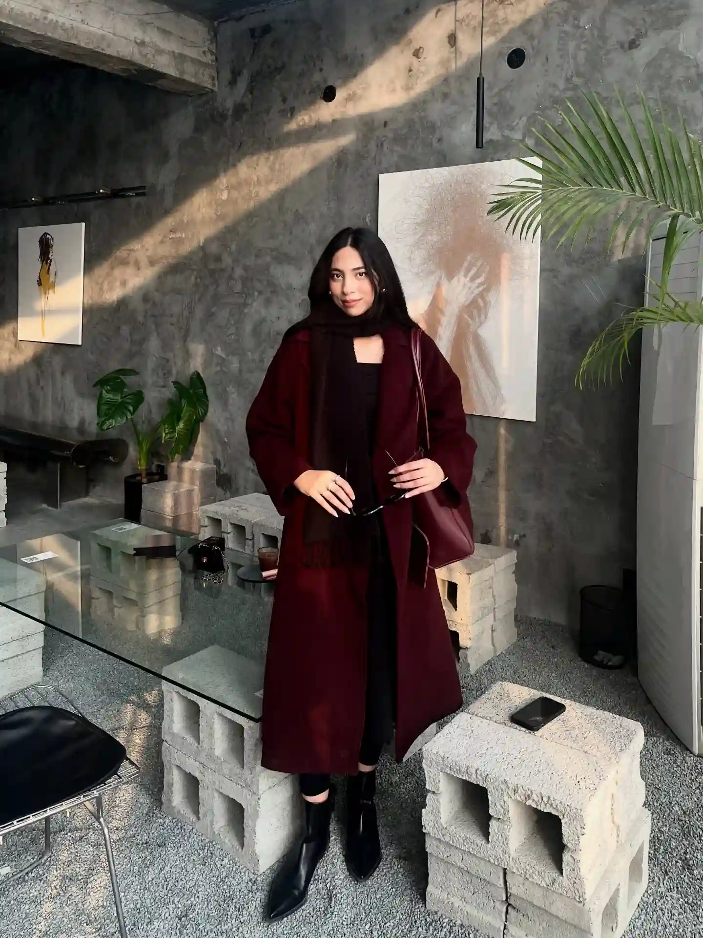 Layer a Burgundy Coat Over a Dark Brown Base