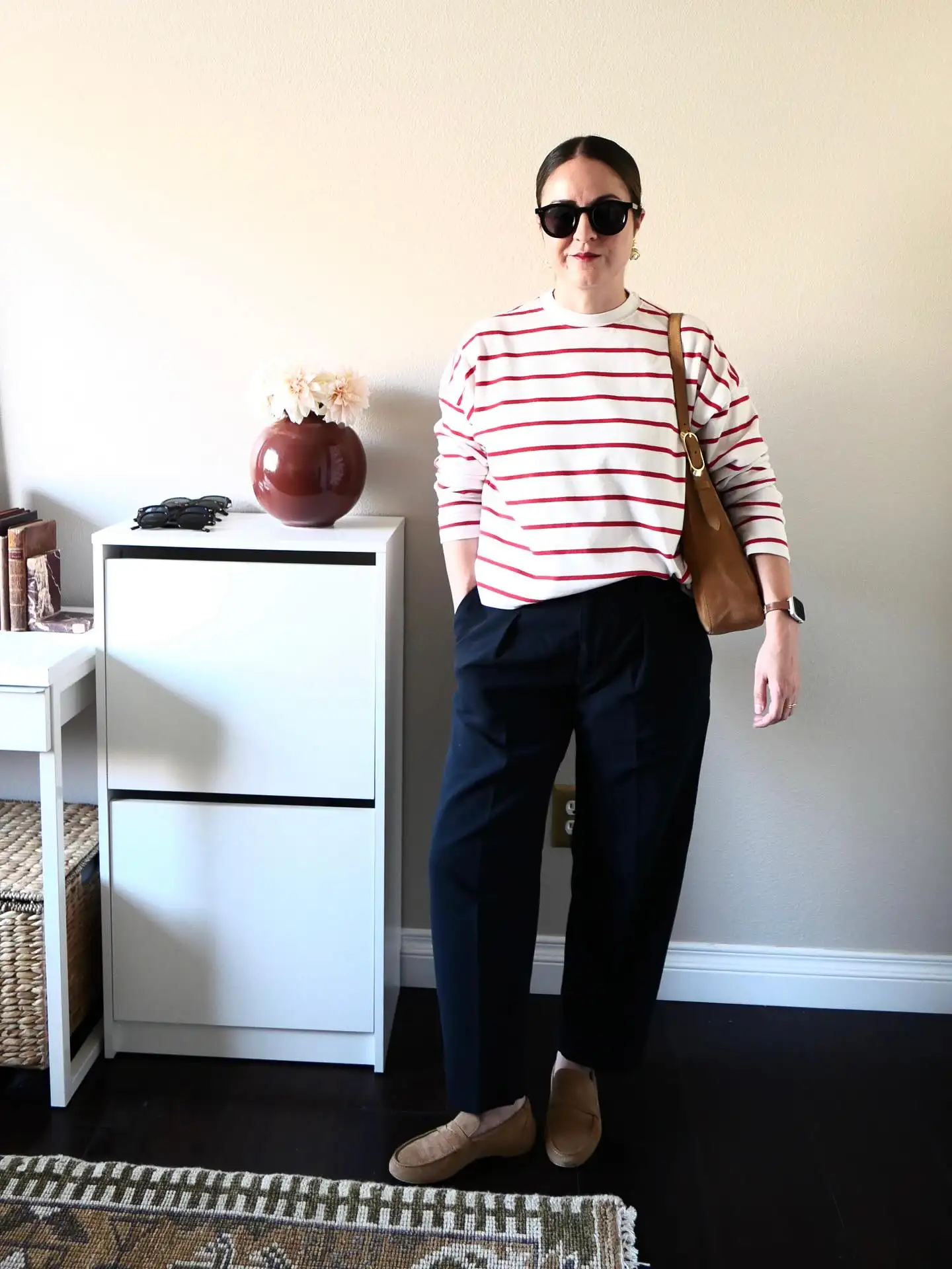 Striped Knit and Ankle-Length Trousers Make a Petite Fall Outfit Feel Balanced