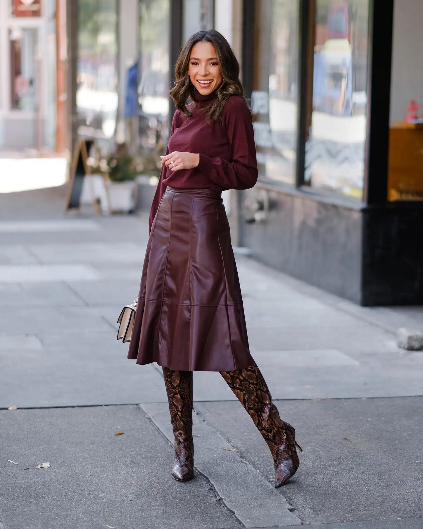 Burgundy Turtleneck With a Leather-Look Midi Skirt