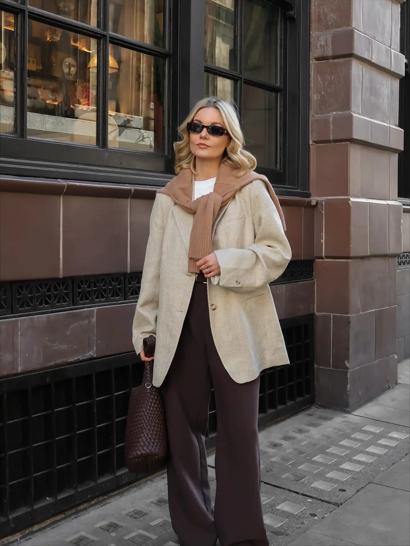 Cream Blazer With Chocolate Wide-Leg Trousers