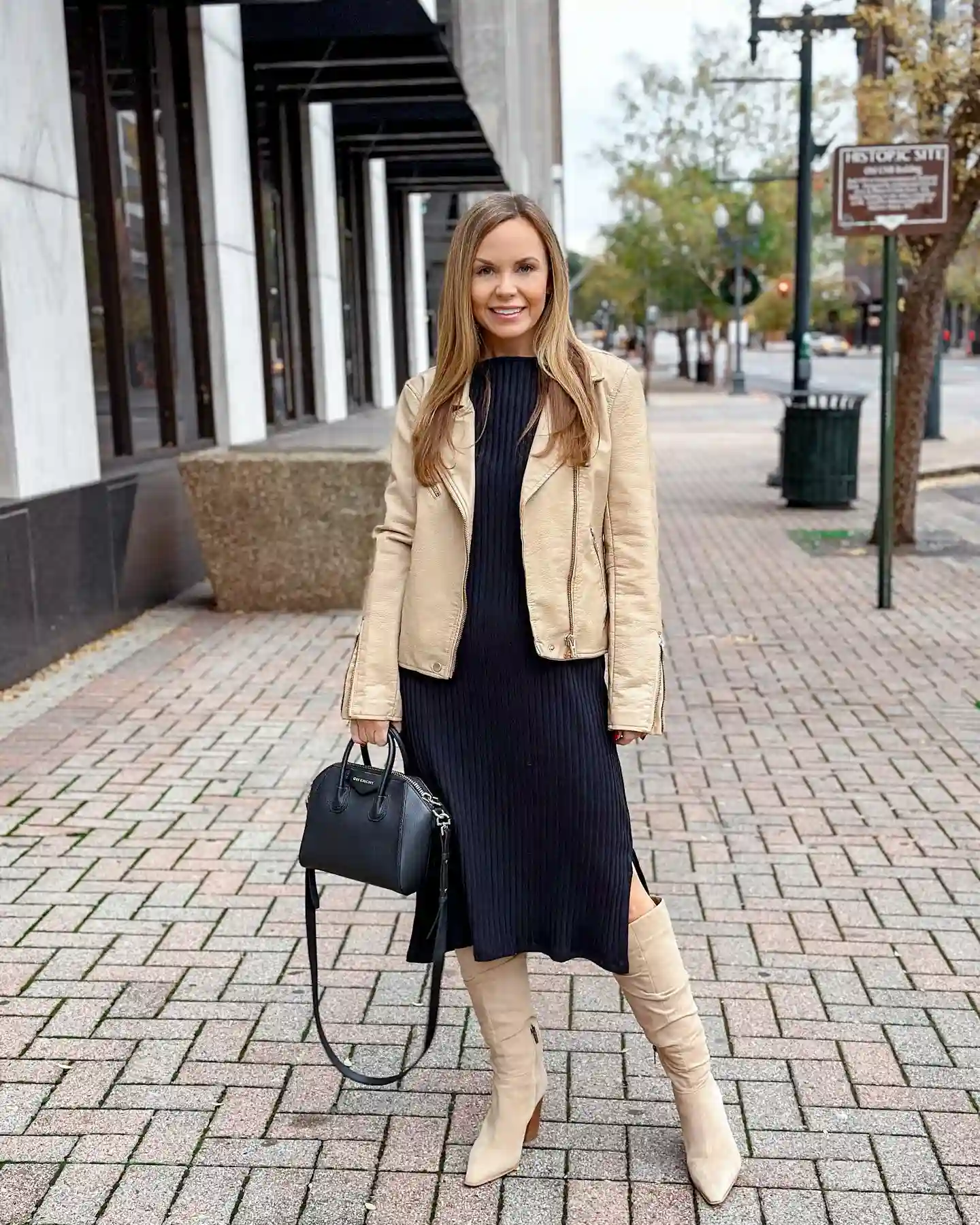 Cream Moto Jacket With a Black Midi Dress