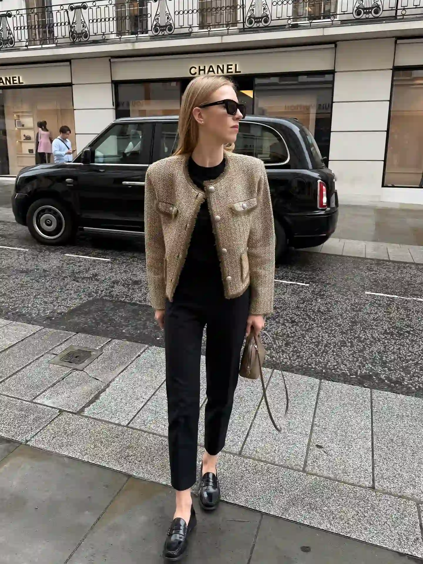 Tailored Black Loafers Pair With a Textured Jacket for a Refined Fall Look
