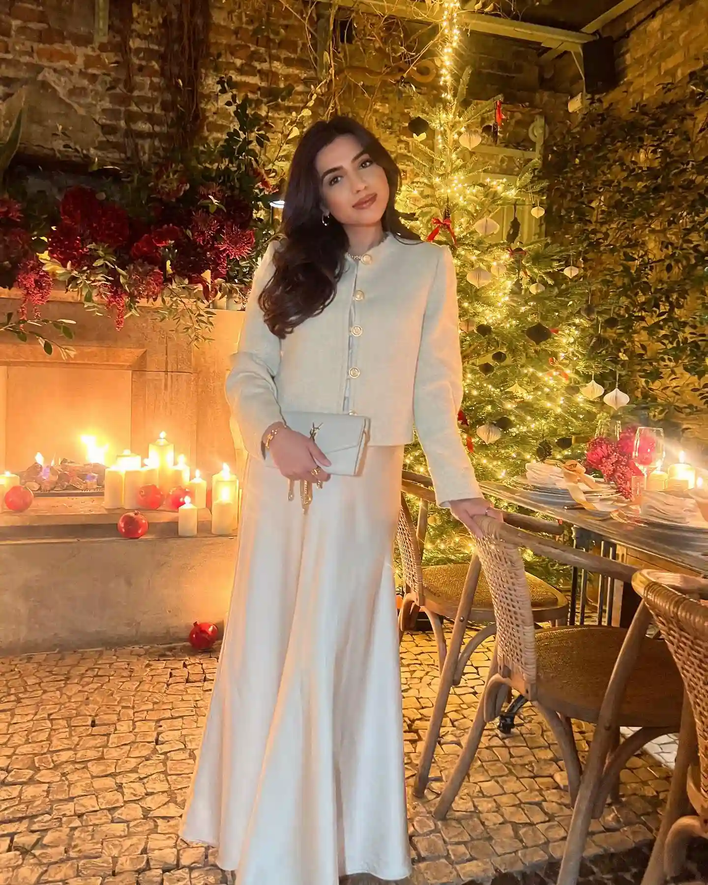 Cream Cropped Jacket With a Flowing Maxi Skirt