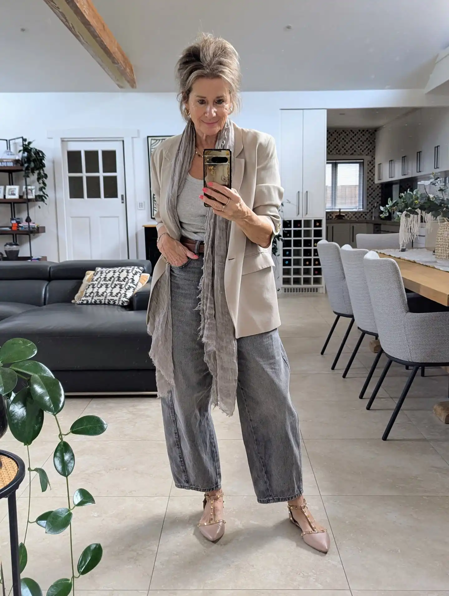 Soft Blazer With Gray Denim and a Long Scarf