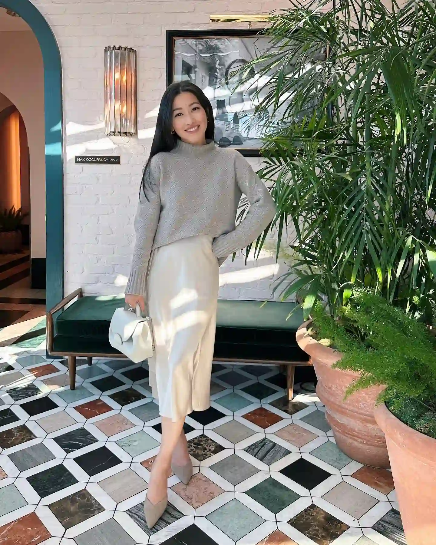 Cropped Knit and Satin Midi Skirt Keep the Outfit Soft and Lengthening