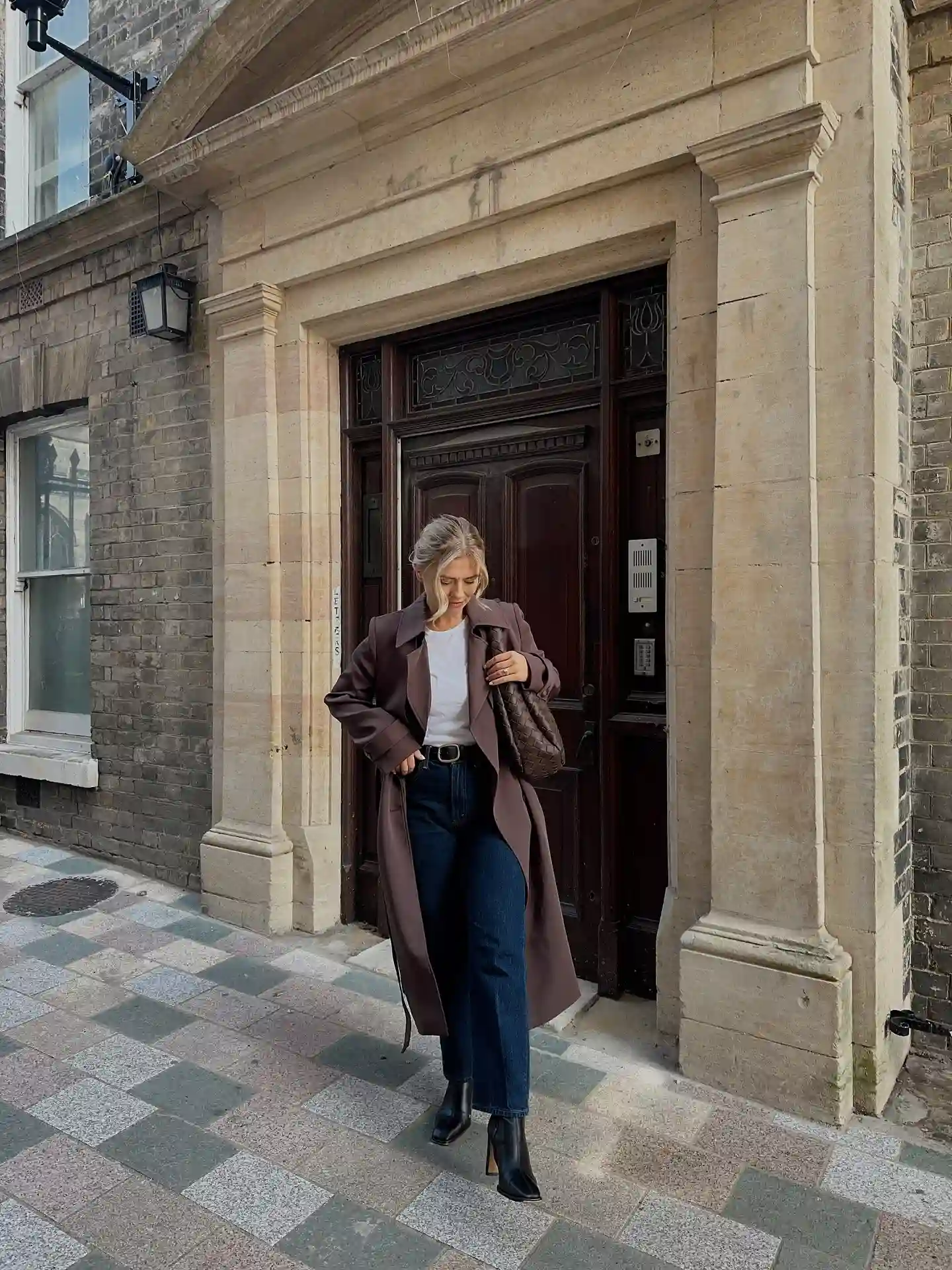 Dark Plum Trench Coat With Denim Creates a Rich Fall Color Palette