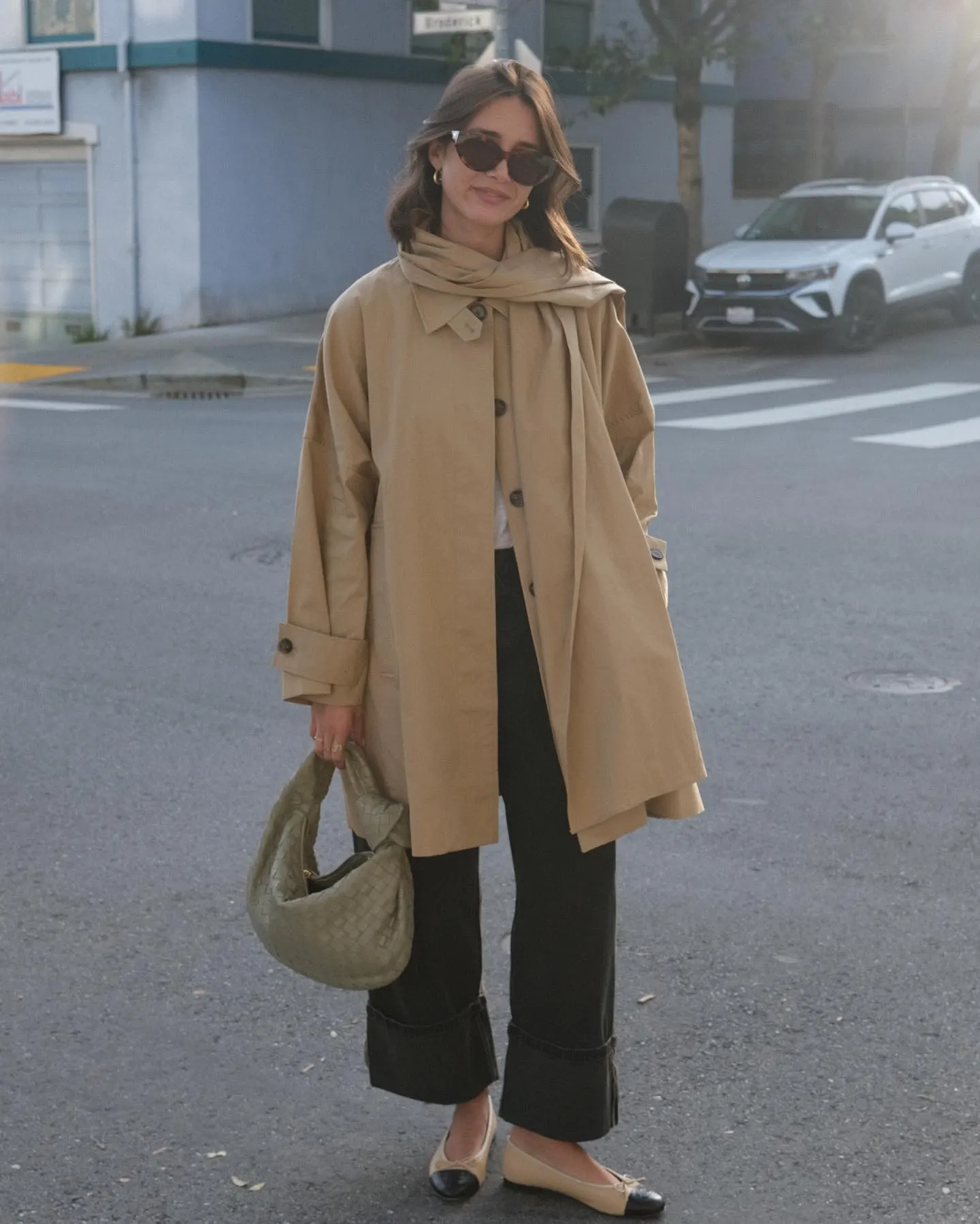 Scarf Layered Trench Coat Creates a Cozy Minimal Fall Outfit