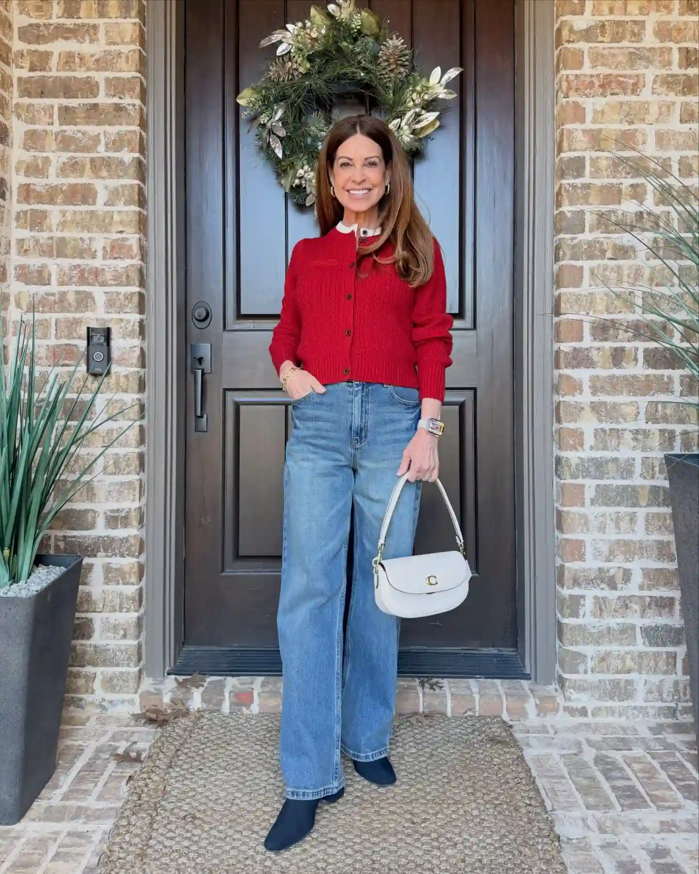 Cropped Red Cardigan and Wide-Leg Jeans Keep the Outfit Bright but Balanced