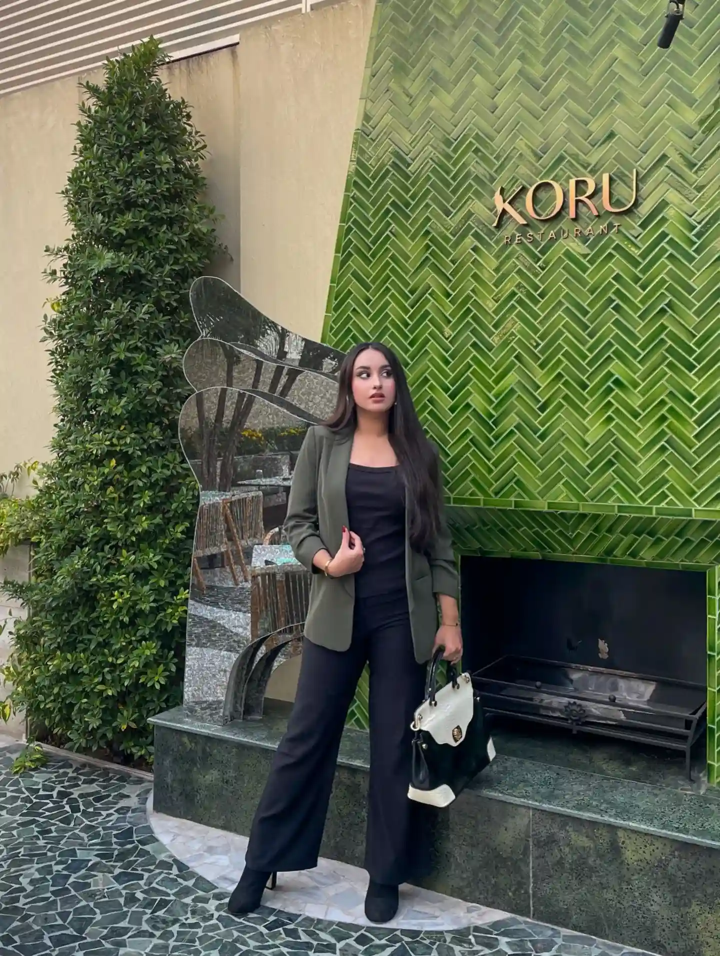 Olive Blazer With Black Wide Leg Trousers