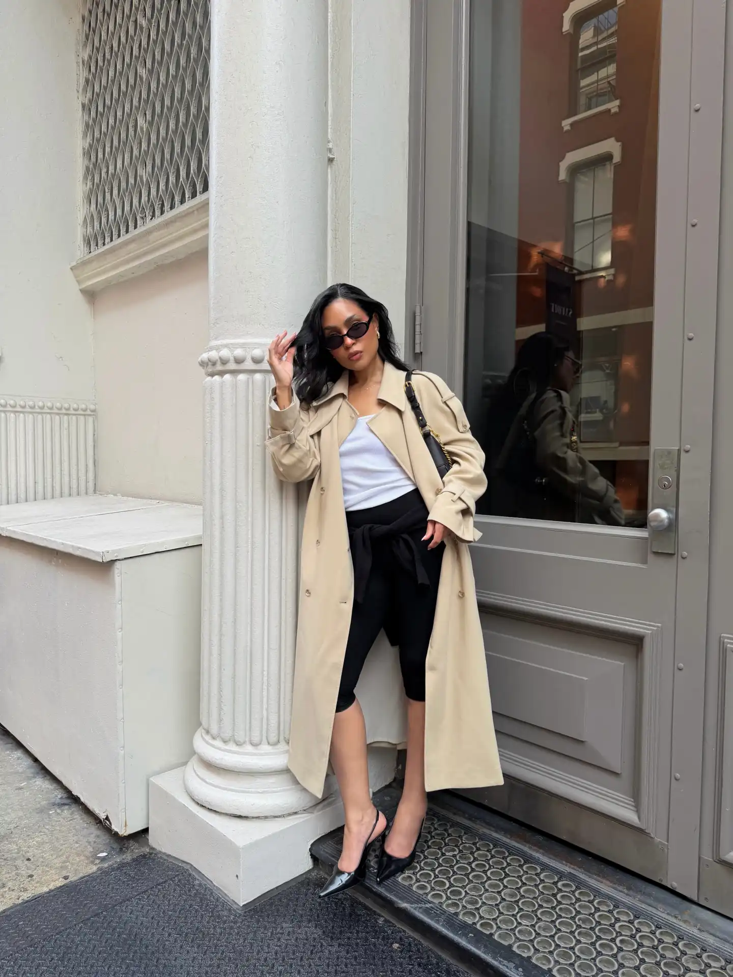 Beige Trench Coat With Black And White Layers For A Sleek Fall Look