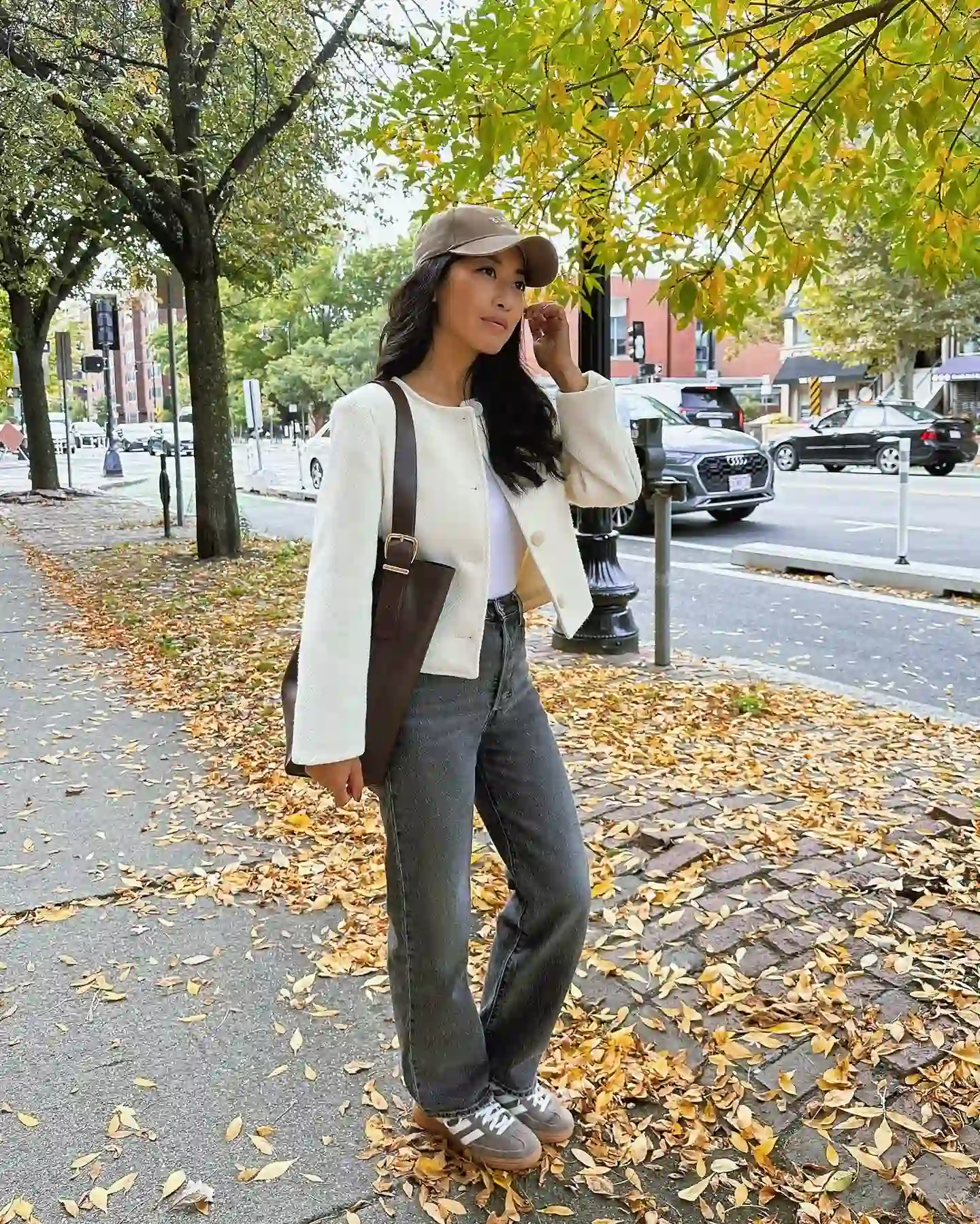 Cropped Cream Jacket and Straight Jeans Keep Casual Fall Layers Petite-Friendly