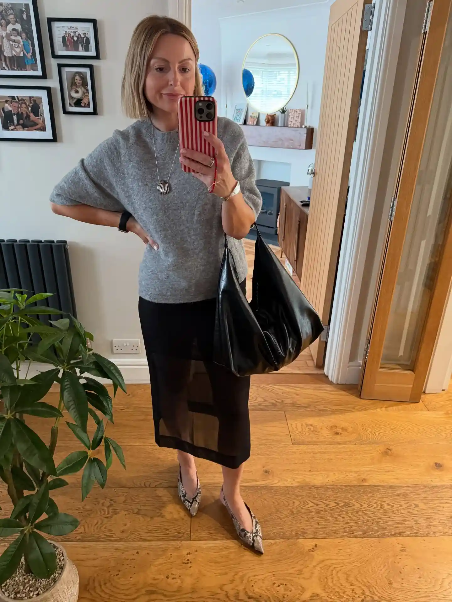 Gray Knit With a Black Sheer Midi Skirt