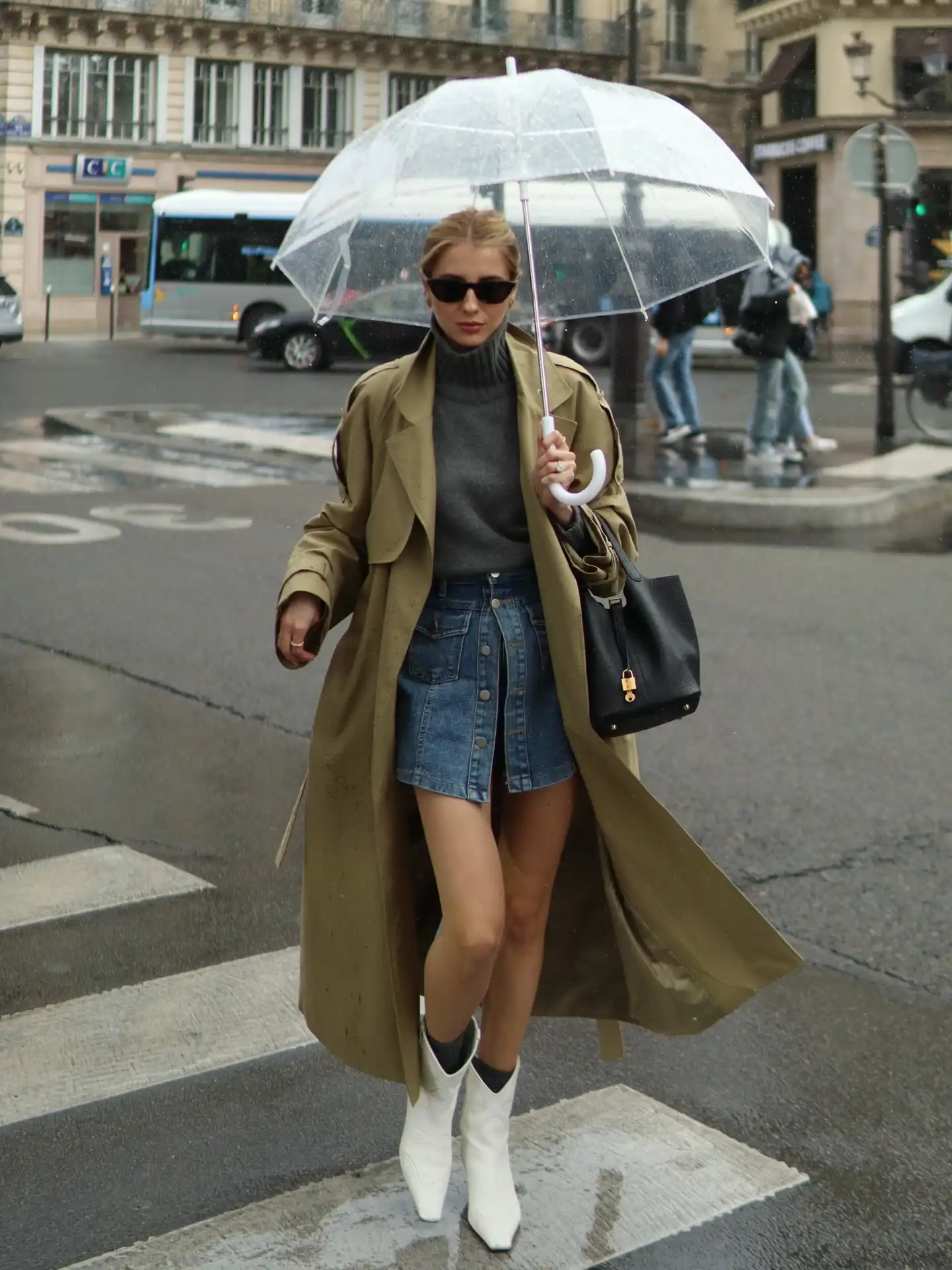 Rainy Fall Trench Coat Look With A Cozy Turtleneck And Denim Skirt