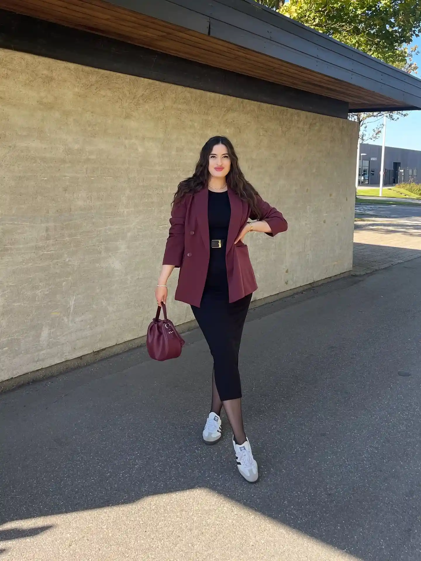 Throw a Burgundy Blazer Over a Black Midi Dress