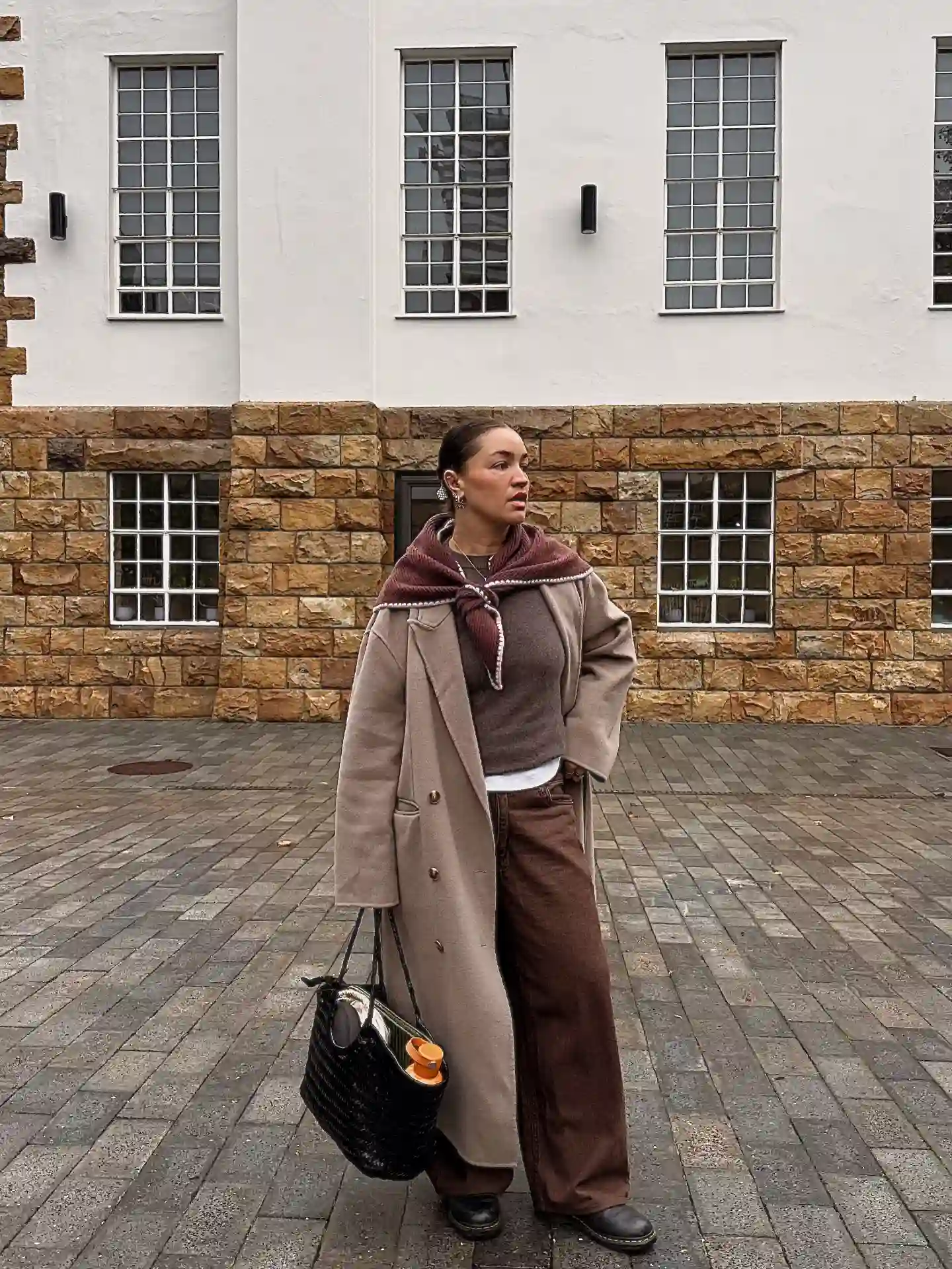 Build Warmth With a Fine Knit, Long Coat, and Shoulder Wrap
