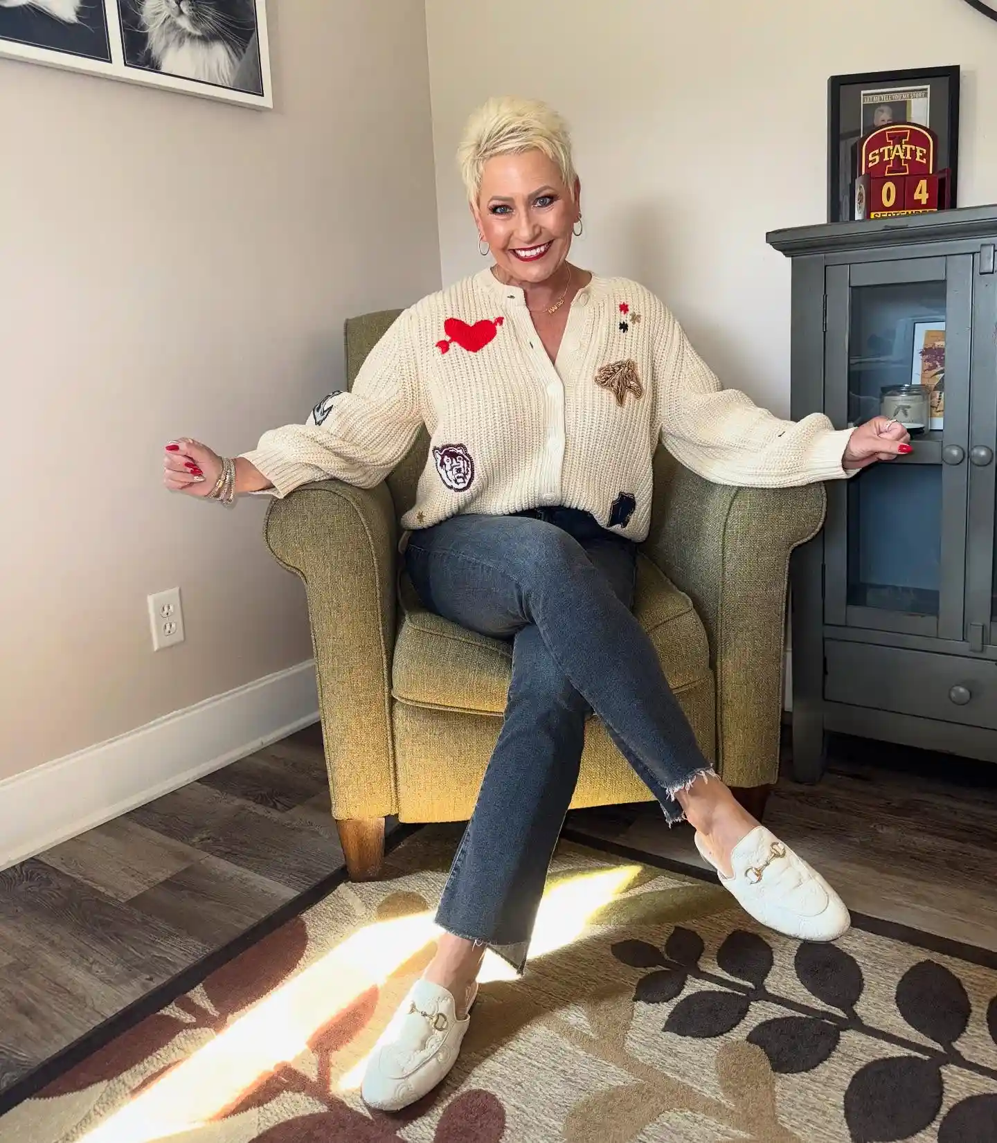 Embroidered Cardigan With Dark Straight Leg Jeans