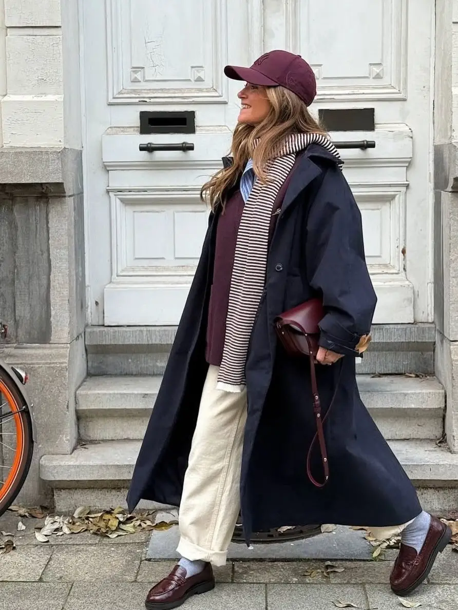 Burgundy Loafers Add Rich Contrast to a Navy Fall Layer