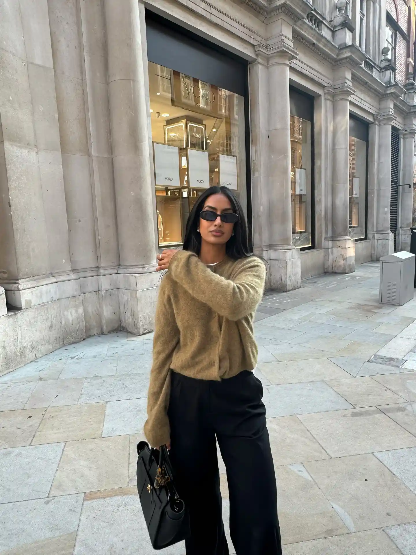 Olive Cardigan With Wide Leg Black Trousers