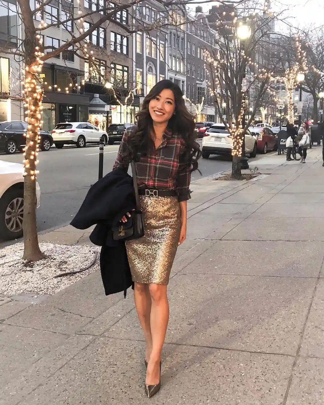 Tucked Plaid Shirt and Pencil Skirt Create a Clean Petite Shape