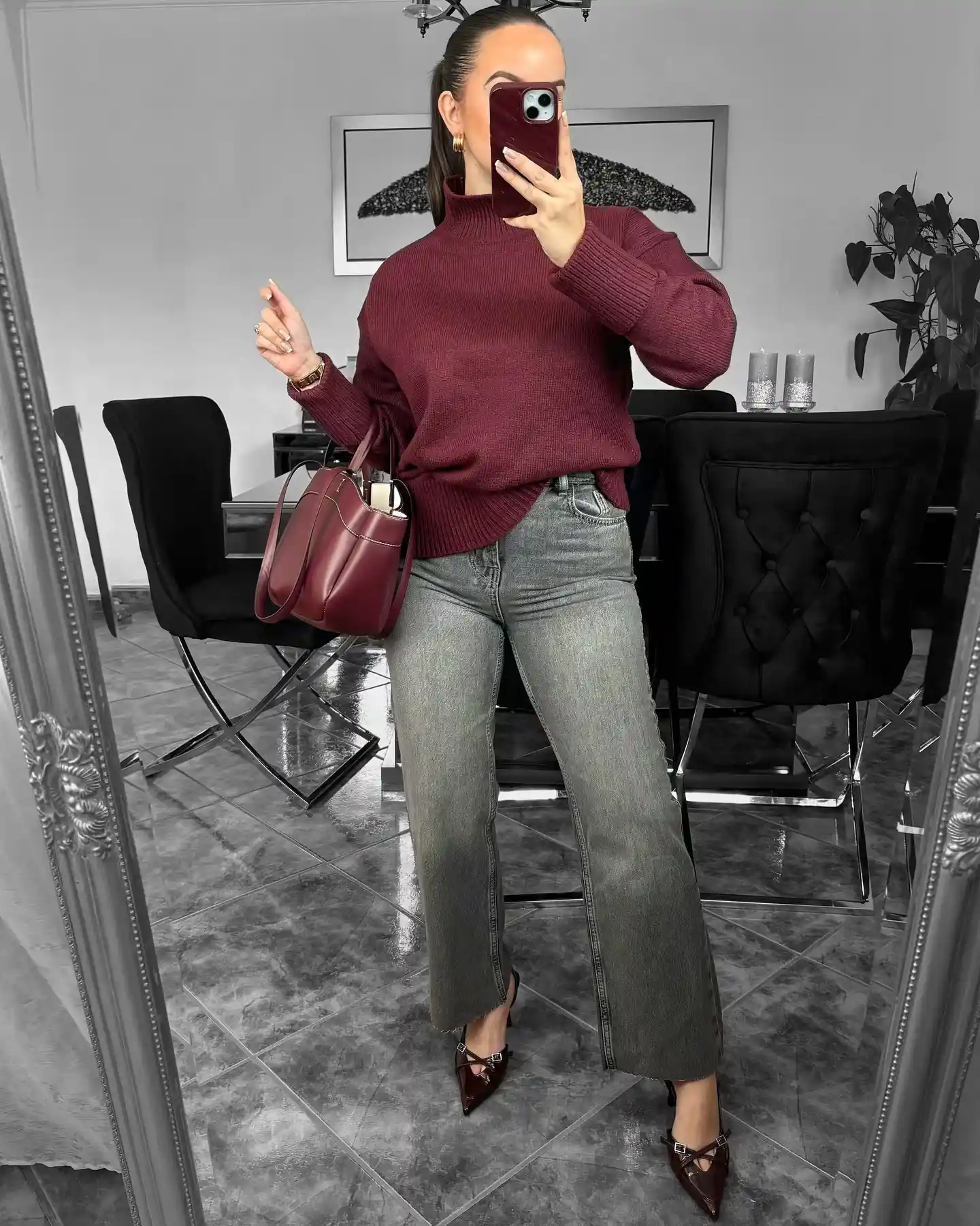 Tuck a Burgundy Turtleneck Into Washed Gray Jeans