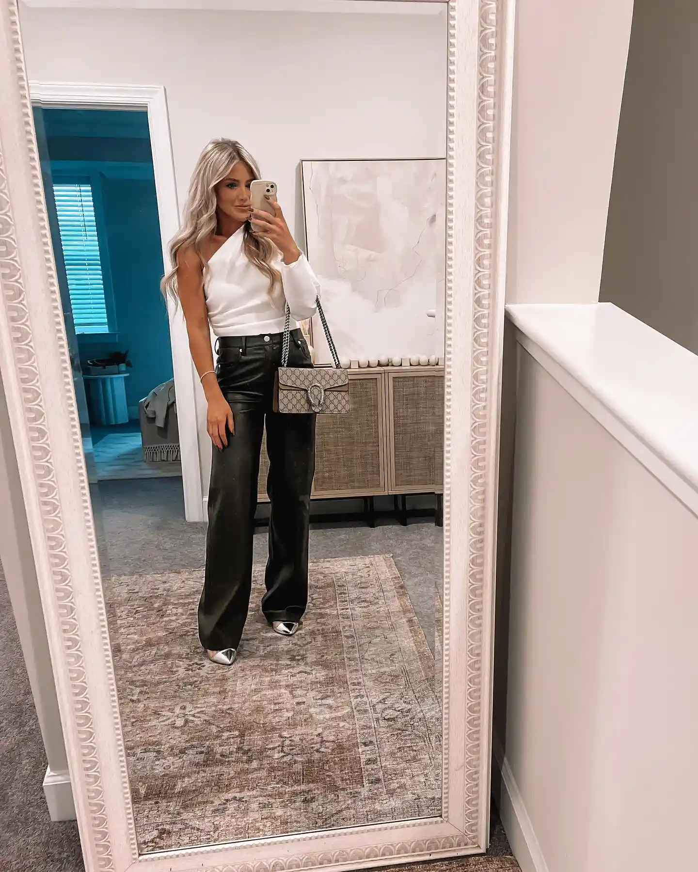 White Statement Top With Black Leather Pants