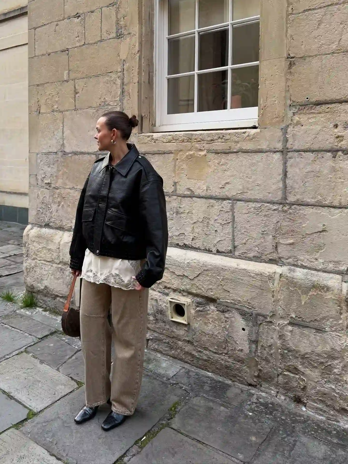 Oversized Leather Jacket With Taupe Jeans